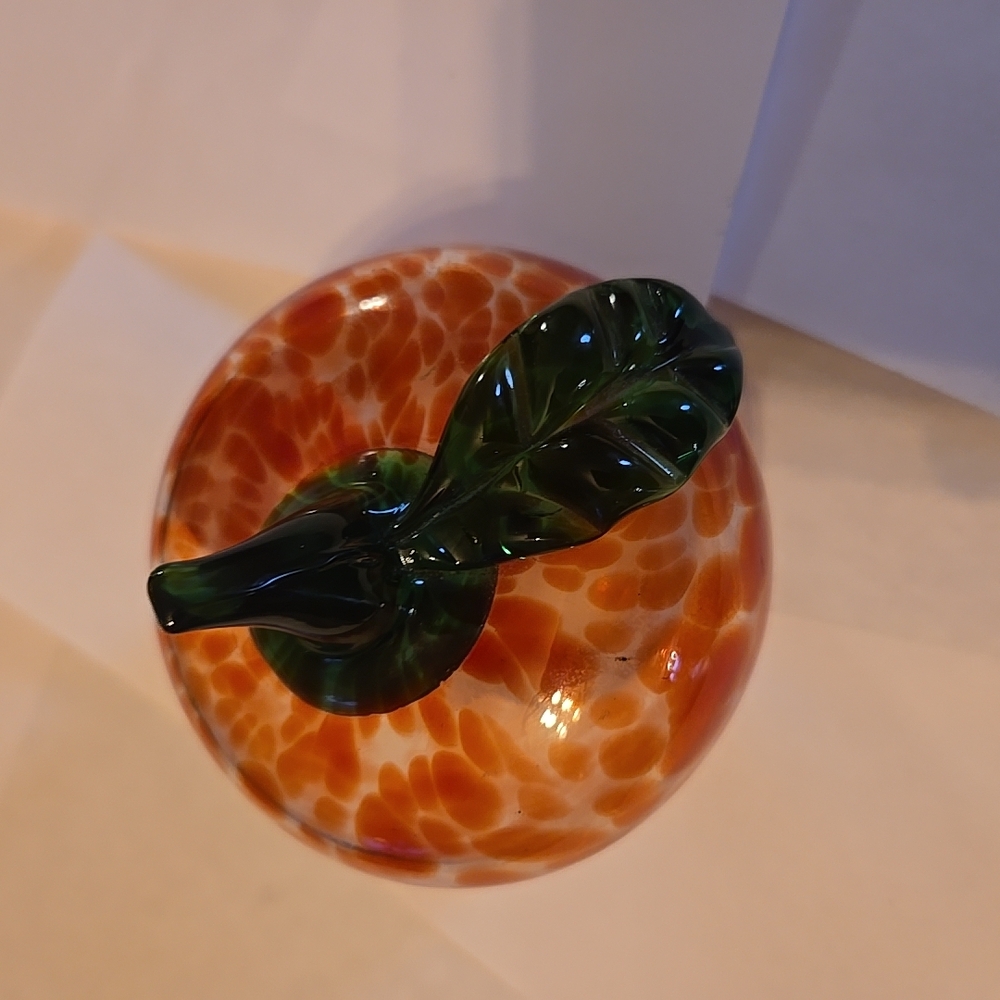 Handcrafted Orange Glass Apple with Green Leaf Accent